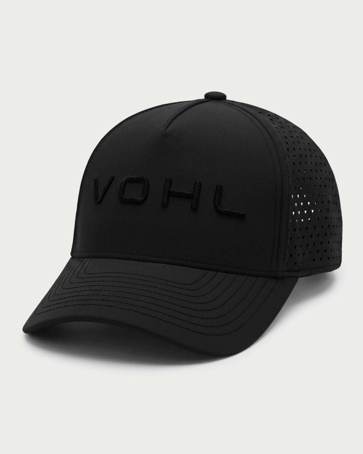 Front-angle view of black Vohl Cap with tonal embroidered Vohl logo, curved brim and perforated side panels - SKU AC-CV-900-OS | color:Black