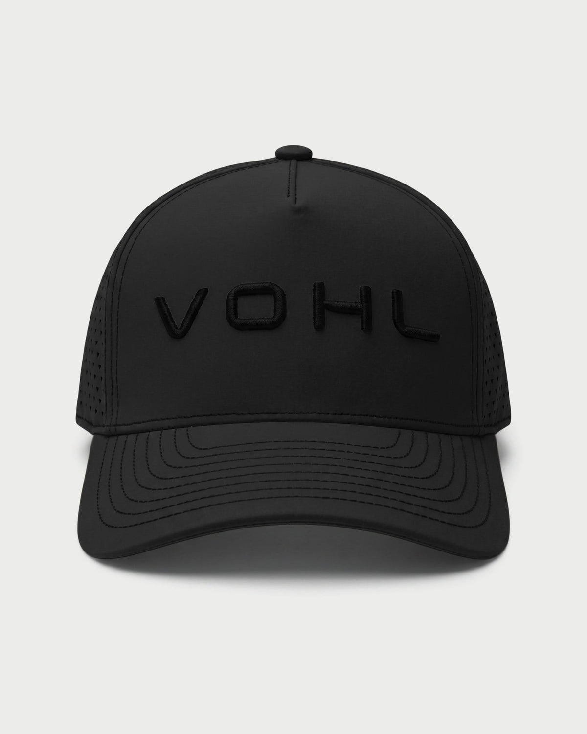 Front view of black Vohl Cap with tonal embroidered Vohl logo and curved stitched brim - SKU AC-CV-900-OS | color:Black