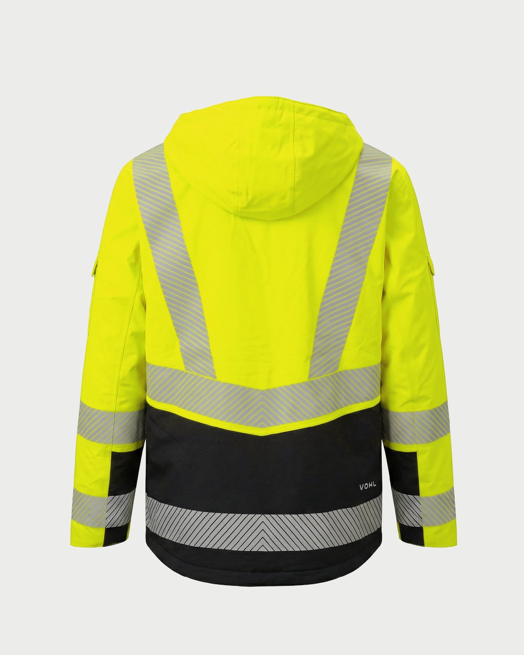 Vohl Hi Vis Waterproof Insulated Jacket - Safety Yellow - SKU HV-IJ-105, angled back view with reflective chevron striping and Black lower panel | color:Safety Yellow