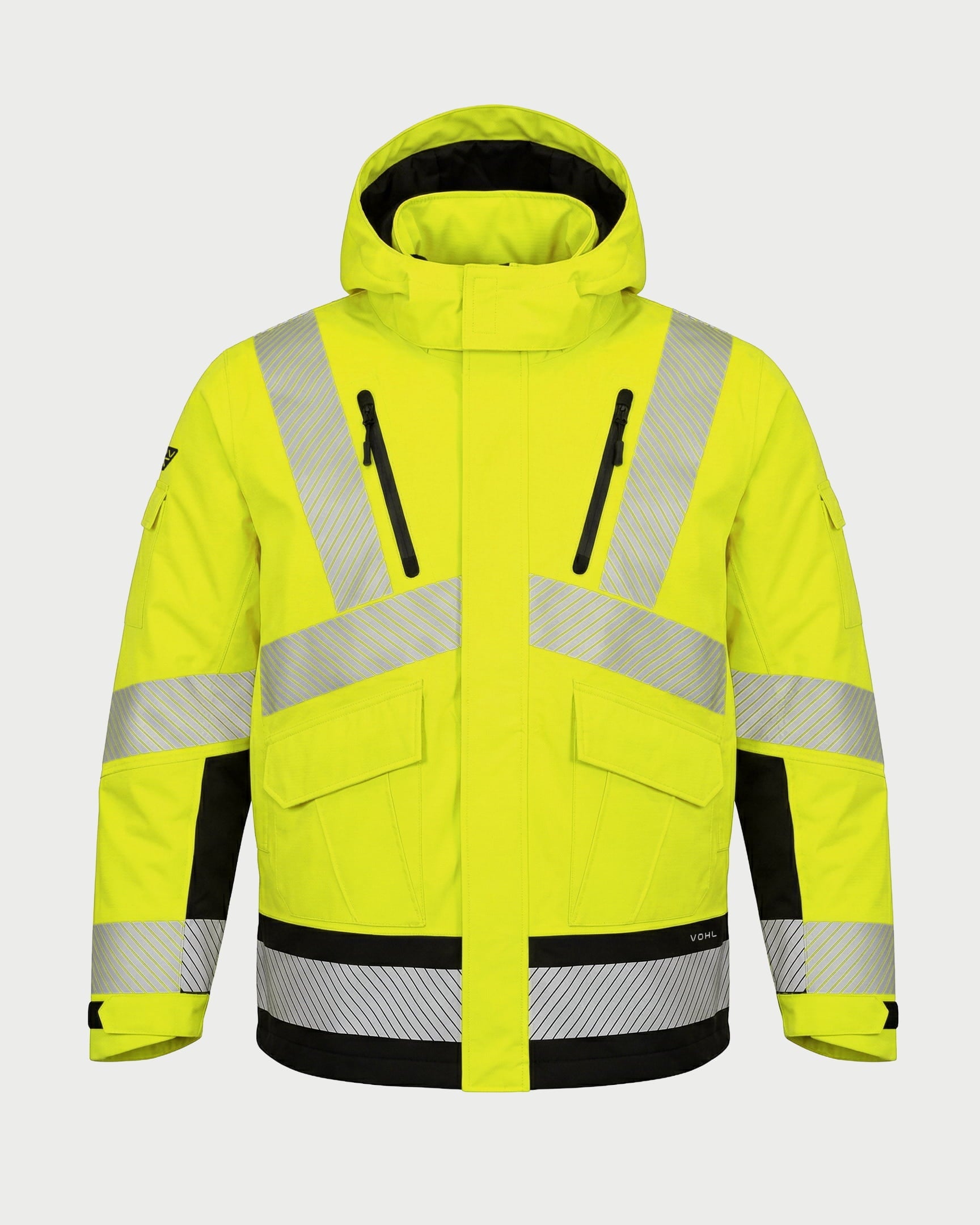 Vohl Hi Vis Waterproof Insulated Jacket - Safety Yellow - SKU HV-IJ-105, front view with insulated hood, storm flap, chest zip pockets and reflective bands | color:Safety Yellow