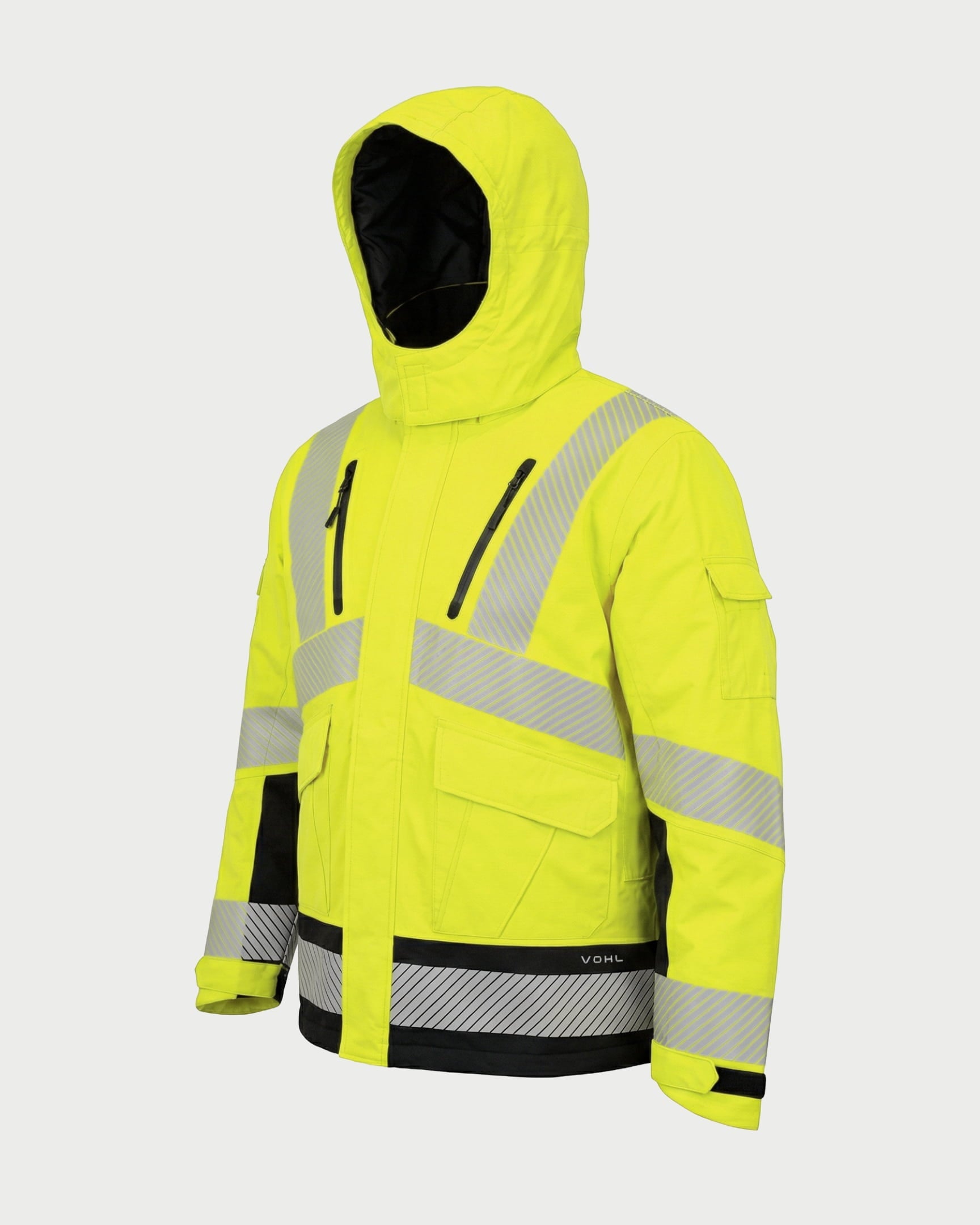 Vohl Hi Vis Waterproof Insulated Jacket - Safety Yellow - SKU HV-IJ-105, angled front view with hood, chest zip pockets and reflective striping | color:Safety Yellow