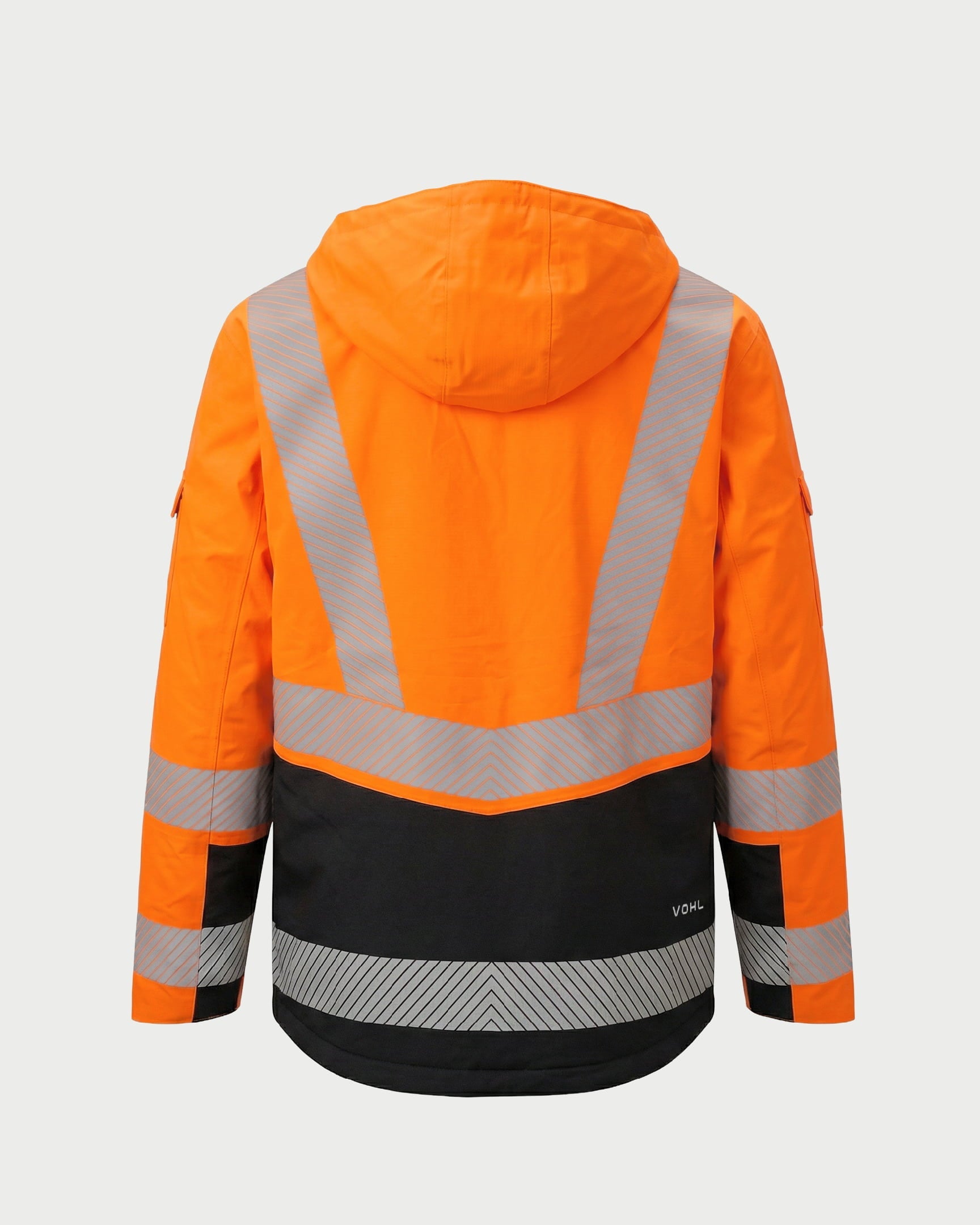 Vohl Hi Vis Waterproof Insulated Jacket - Safety Orange - SKU HV-IJ-205, angled back view with reflective chevron striping and Black lower panel | color:Safety Orange