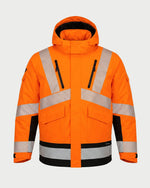 Vohl Hi Vis Waterproof Insulated Jacket - Safety Orange - SKU HV-IJ-205, front view with insulated hood, storm flap, chest zip pockets and reflective bands | color:Safety Orange