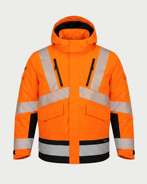 Vohl Hi Vis Waterproof Insulated Jacket - Safety Orange - SKU HV-IJ-205, front view with insulated hood, storm flap, chest zip pockets and reflective bands | color:Safety Orange