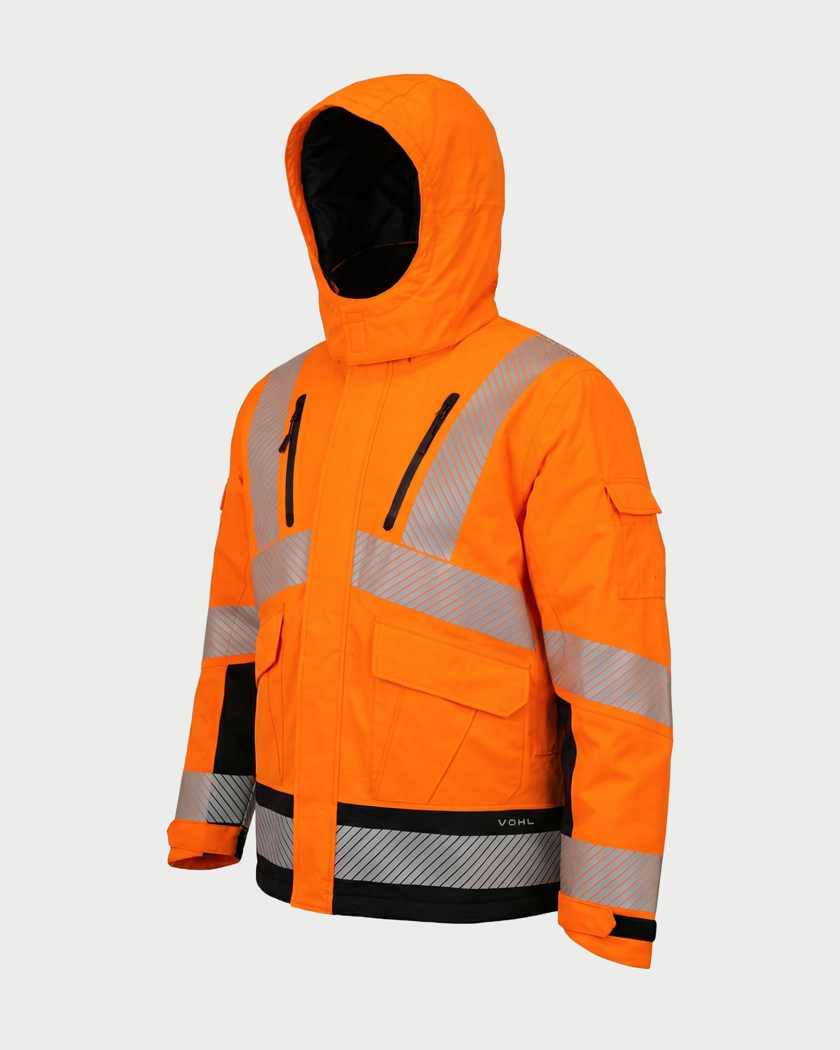 Vohl Hi Vis Waterproof Insulated Jacket - Safety Orange - SKU HV-IJ-205, angled front view with insulated hood, chest zip pockets and reflective striping | color:Safety Orange