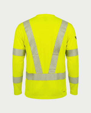 Vohl Hi Vis Long Sleeve Reflective T-Shirt – Safety Yellow – SKU HV-LS-105, back view with reflective V panel and sleeve bands | color:Safety Yellow