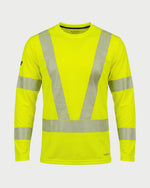 Vohl Hi Vis Long Sleeve Reflective T-Shirt – Safety Yellow – SKU HV-LS-105, front view with segmented reflective V detailing | color:Safety Yellow