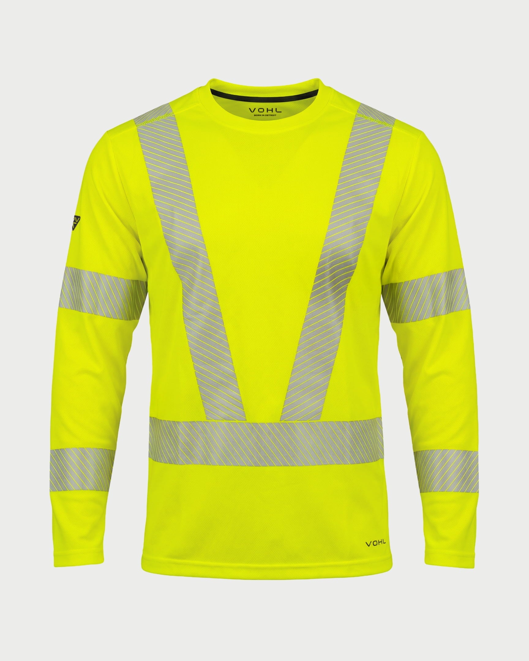 Vohl Hi Vis Long Sleeve Reflective T-Shirt – Safety Yellow – SKU HV-LS-105, front view with segmented reflective V detailing | color:Safety Yellow
