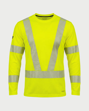 Vohl Hi Vis Long Sleeve Reflective T-Shirt – Safety Yellow – SKU HV-LS-105, front view with segmented reflective V detailing | color:Safety Yellow