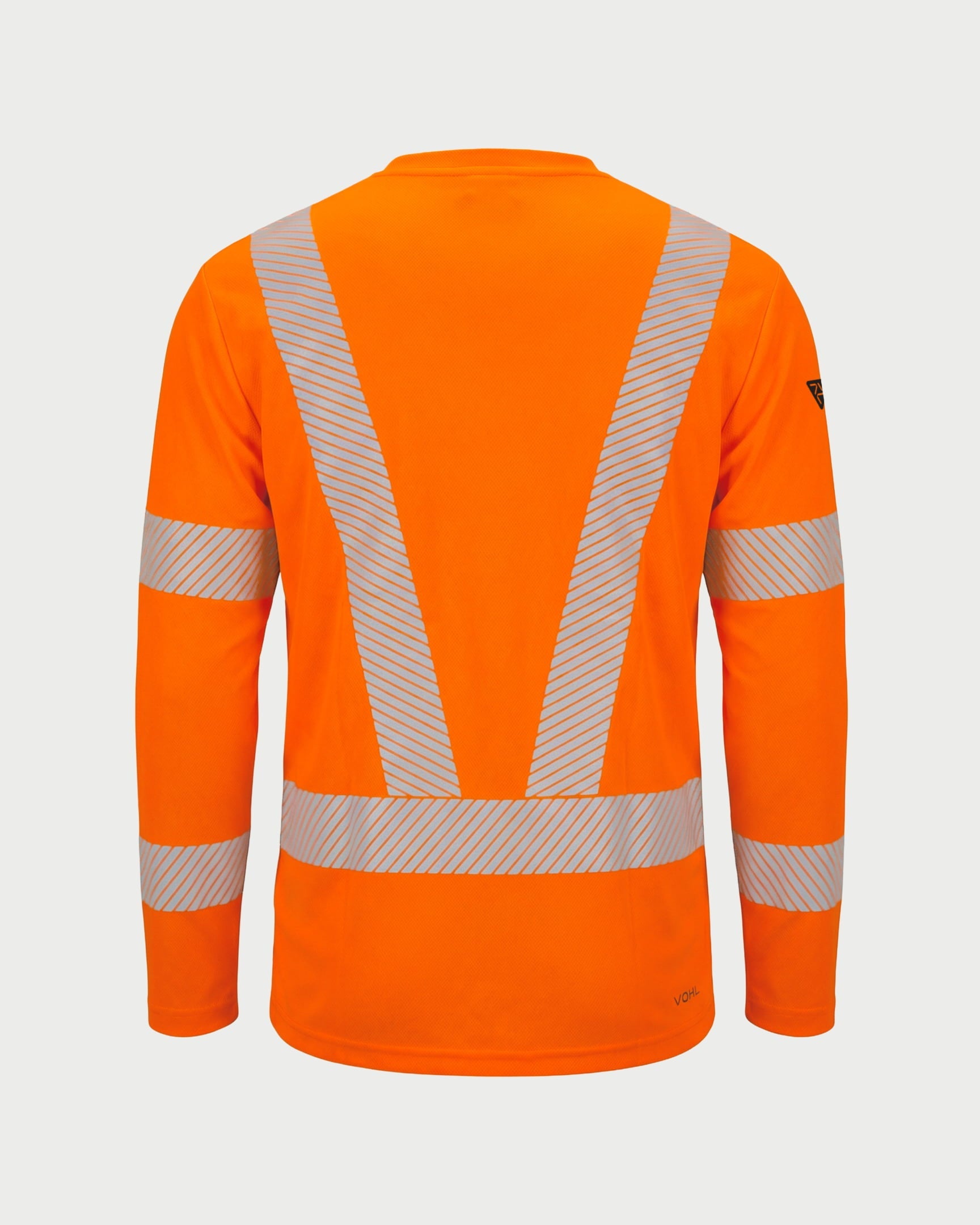 Vohl Hi Vis Long Sleeve Reflective T-Shirt – Safety Orange – SKU HV-LS-205, back view with reflective V panel and sleeve bands | color:Safety Orange