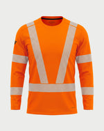 Vohl Hi Vis Long Sleeve Reflective T-Shirt – Safety Orange – SKU HV-LS-205, front view with segmented reflective V detailing | color:Safety Orange