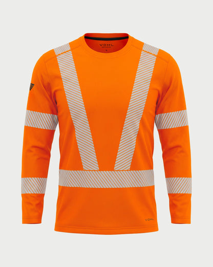 Vohl Hi Vis Long Sleeve Reflective T-Shirt – Safety Orange – SKU HV-LS-205, front view with segmented reflective V detailing | color:Safety Orange