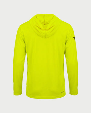Vohl Hi Vis Long Sun Hoody – Safety Yellow – SKU HV-SH-100, back view with hood and extended sun protection coverage | color:Safety Yellow