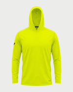 Vohl Hi Vis Long Sun Hoody – Safety Yellow – SKU HV-SH-100, front view with hood up and long sleeve coverage | color:Safety Yellow