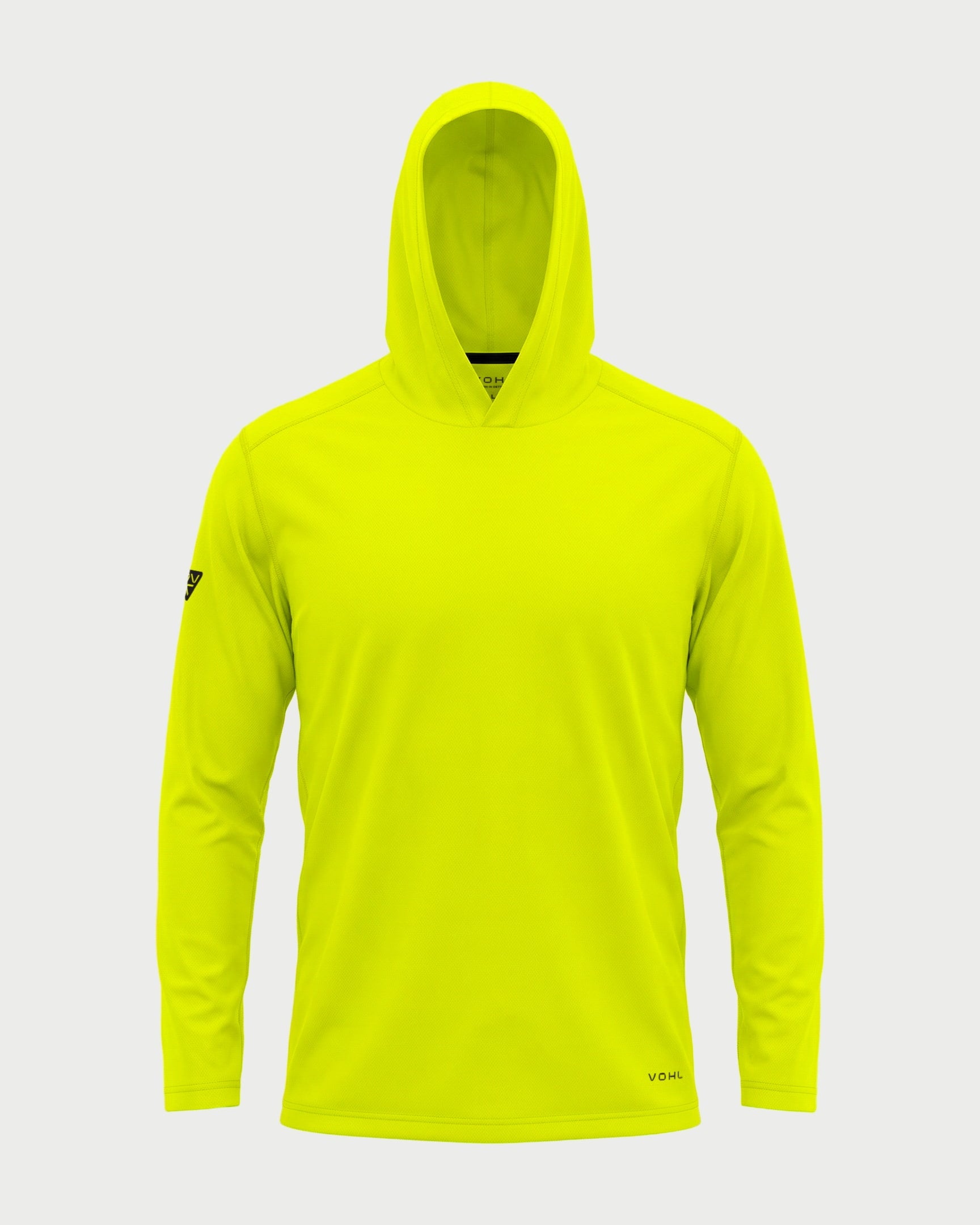 Vohl Hi Vis Long Sun Hoody – Safety Yellow – SKU HV-SH-100, front view with hood up and long sleeve coverage | color:Safety Yellow