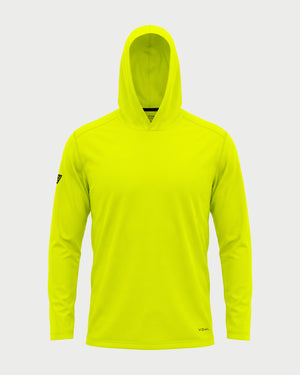 Vohl Hi Vis Long Sun Hoody – Safety Yellow – SKU HV-SH-100, front view with hood up and long sleeve coverage | color:Safety Yellow