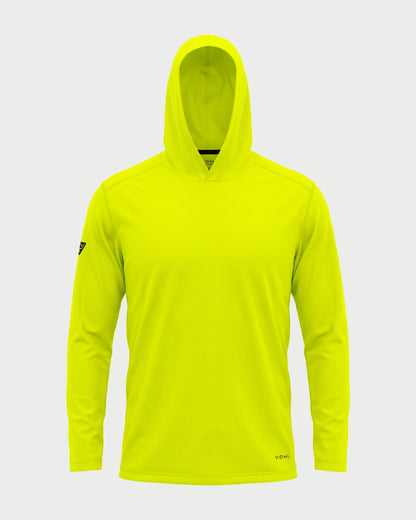 Vohl Hi Vis Long Sun Hoody – Safety Yellow – SKU HV-SH-100, front view with hood up and long sleeve coverage | color:Safety Yellow