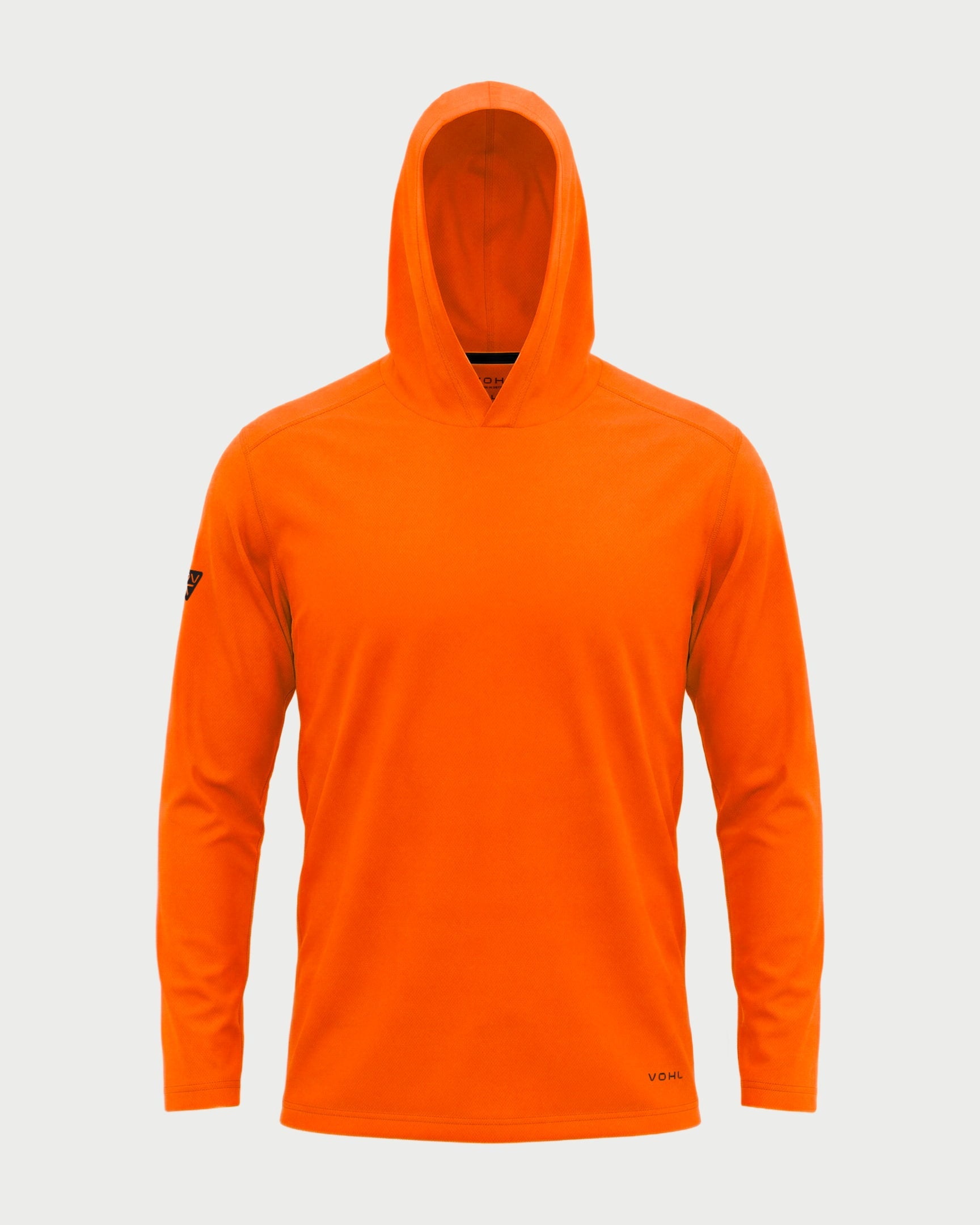 Vohl Hi Vis Long Sun Hoody – Safety Orange – SKU HV-SH-200, front view with hood up and long sleeve coverage | color:Safety Orange