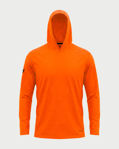 Vohl Hi Vis Long Sun Hoody – Safety Orange – SKU HV-SH-200, front view with hood up and long sleeve coverage | color:Safety Orange
