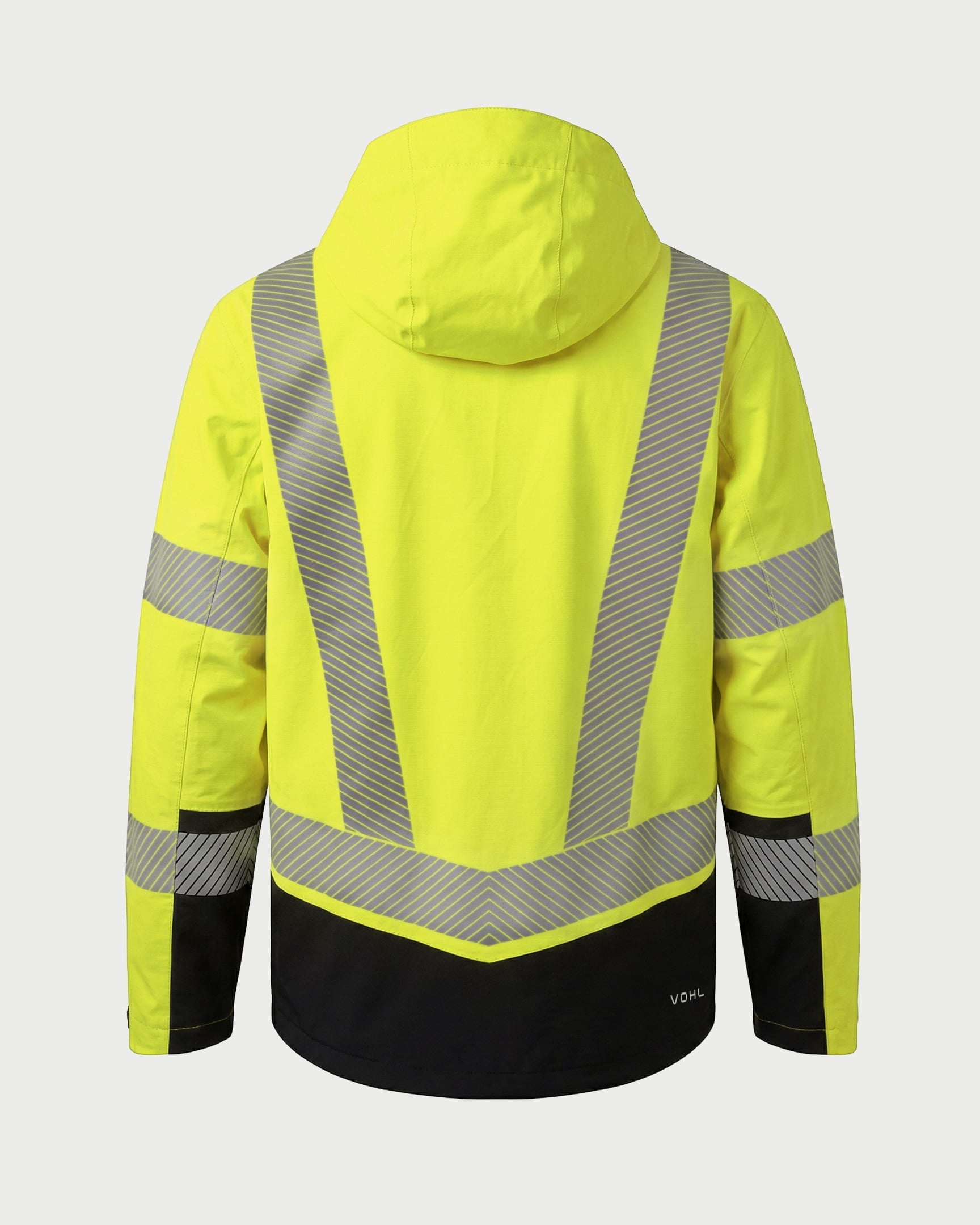 Vohl Hi Vis Waterproof Shell Jacket - Safety Yellow - SKU HV-SJ-105, back angle view with reflective striping and adjustable hood | color:Safety Yellow