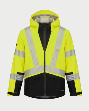 Vohl Hi Vis Waterproof Shell Jacket - Safety Yellow - SKU HV-SJ-105, front view with hood, reflective striping and Black contrast lower panel | color:Safety Yellow