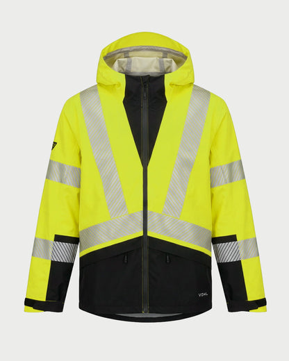 Vohl Hi Vis Waterproof Shell Jacket - Safety Yellow - SKU HV-SJ-105, front view with hood, reflective striping and Black contrast lower panel | color:Safety Yellow