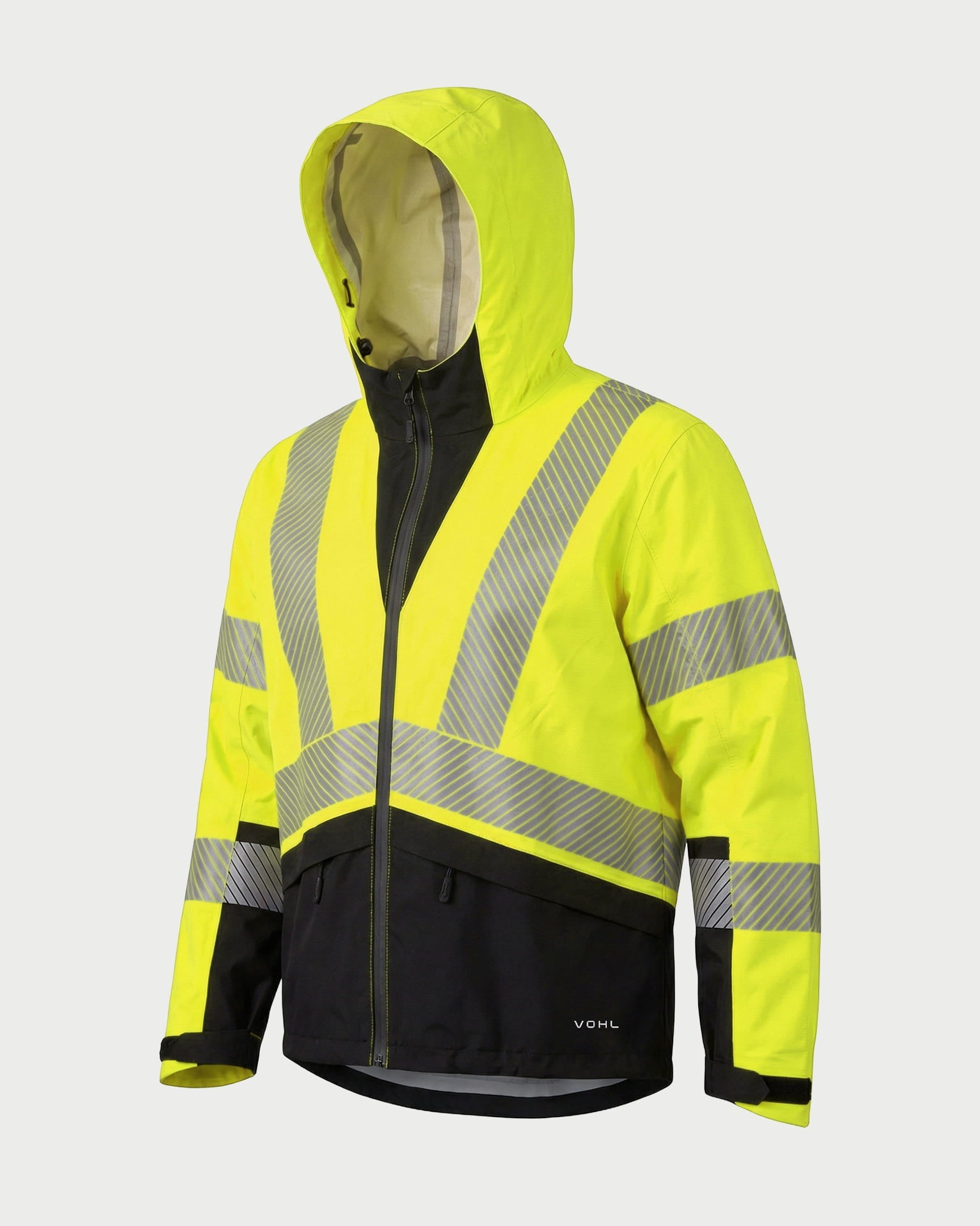 Vohl Hi Vis Waterproof Shell Jacket - Safety Yellow - SKU HV-SJ-105, angled front view with full zip closure and reflective safety panels | color:Safety Yellow