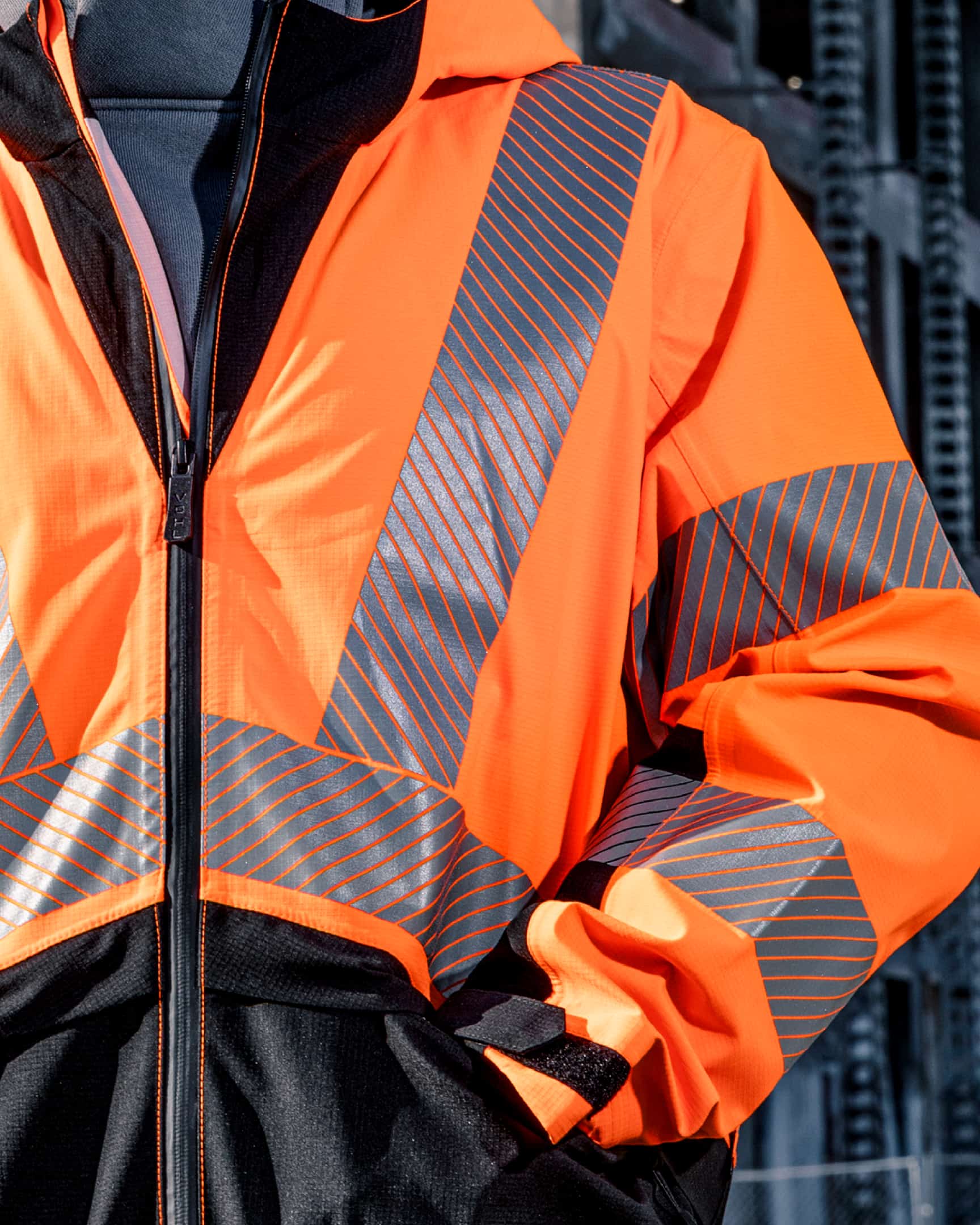Vohl Hi Vis Waterproof Shell Jacket – Safety Orange – SKU HV-SJ-205, lifestyle closeup| color:Safety Orange