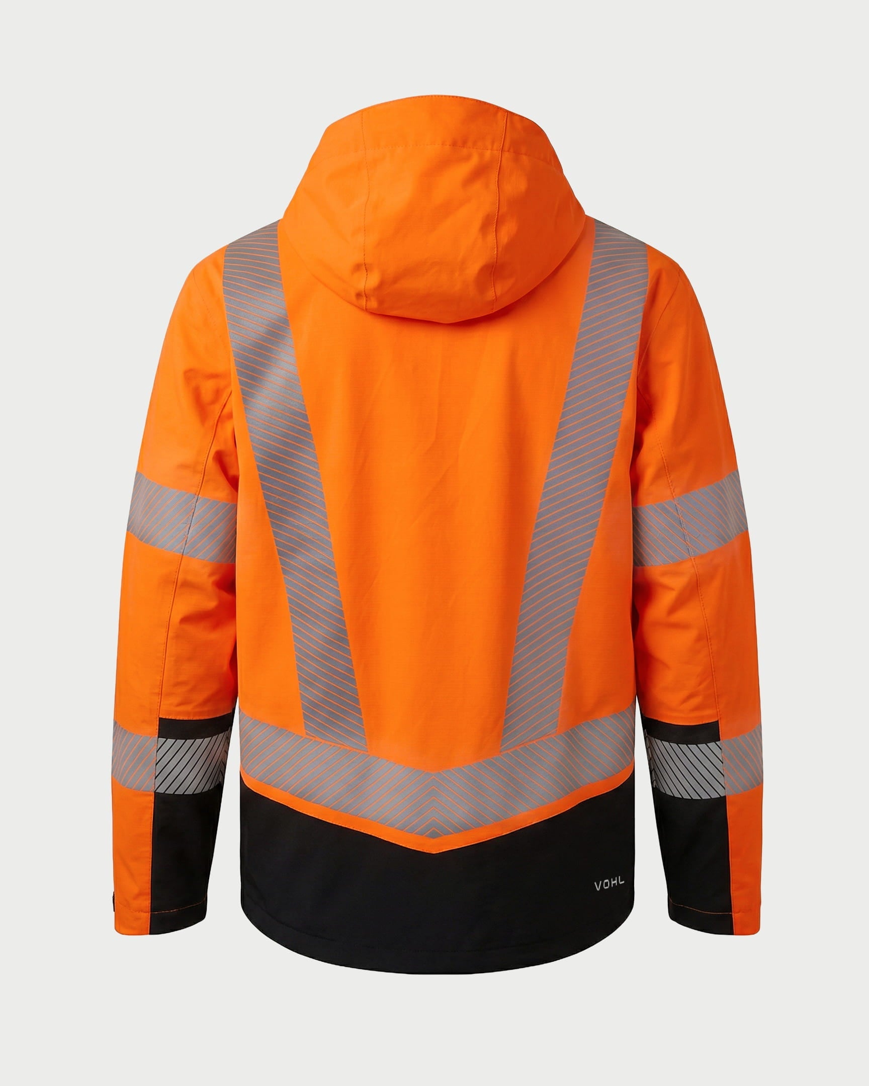 Vohl Hi Vis Waterproof Shell Jacket - Safety Orange - SKU HV-SJ-205, back angle view with reflective striping and adjustable hood | color:Safety Orange