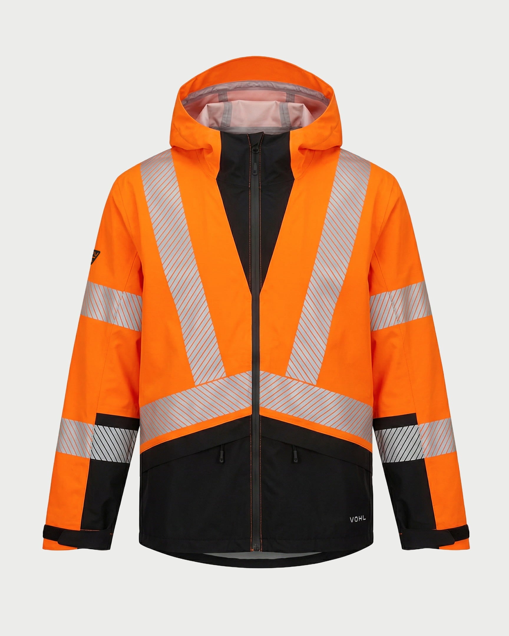 Vohl Hi Vis Waterproof Shell Jacket - Safety Orange - SKU HV-SJ-205, front view with hood, reflective striping and Black contrast lower panel | color:Safety Orange