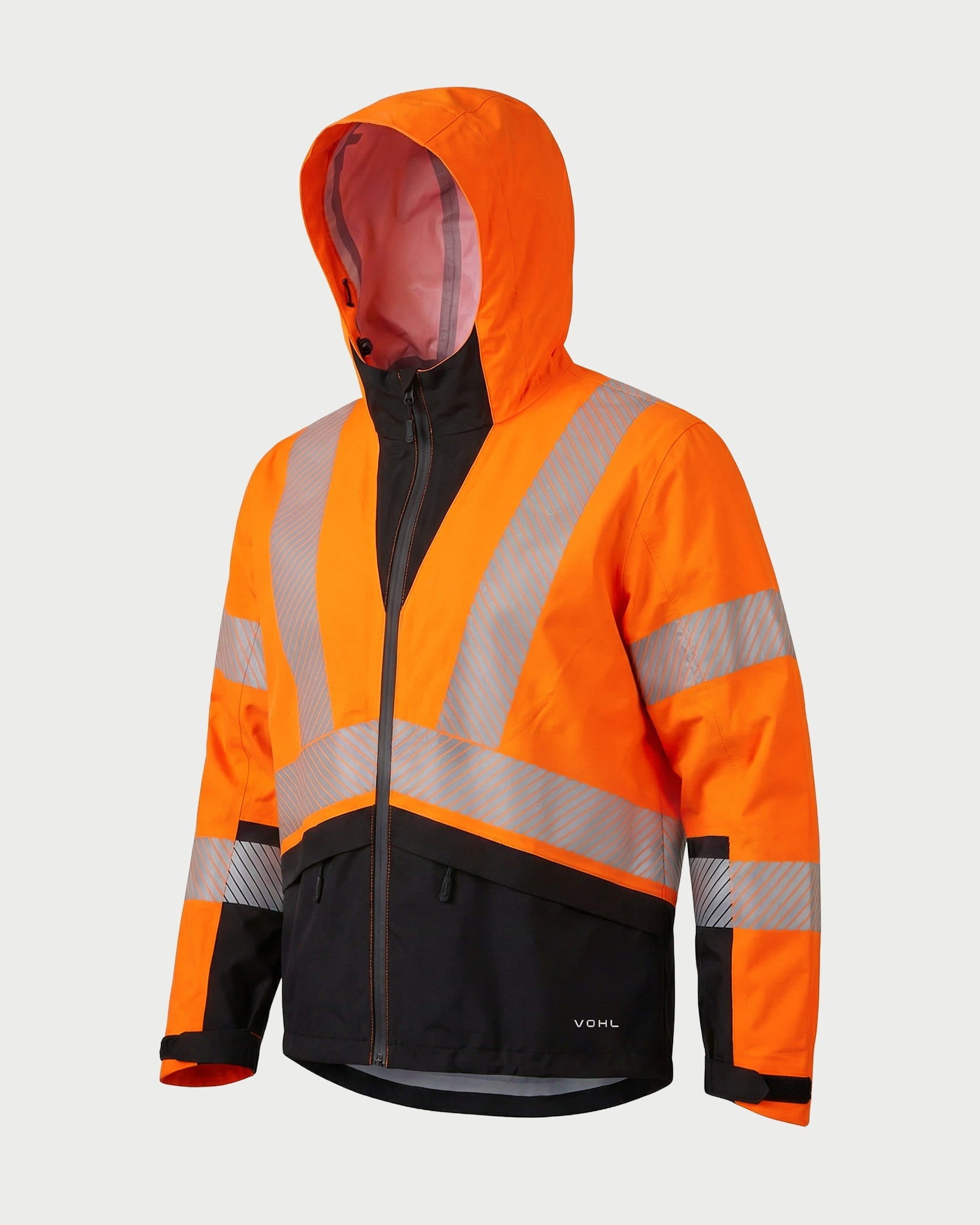 Vohl Hi Vis Waterproof Shell Jacket - Safety Orange - SKU HV-SJ-205, angled front view with full zip closure and reflective safety panels | color:Safety Orange