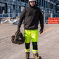 Men’s hi-vis yellow waterproof shell work pants with reflective tape and reinforced knees, worn on construction site – SKU HV-SP-105 | color:Safety Yellow