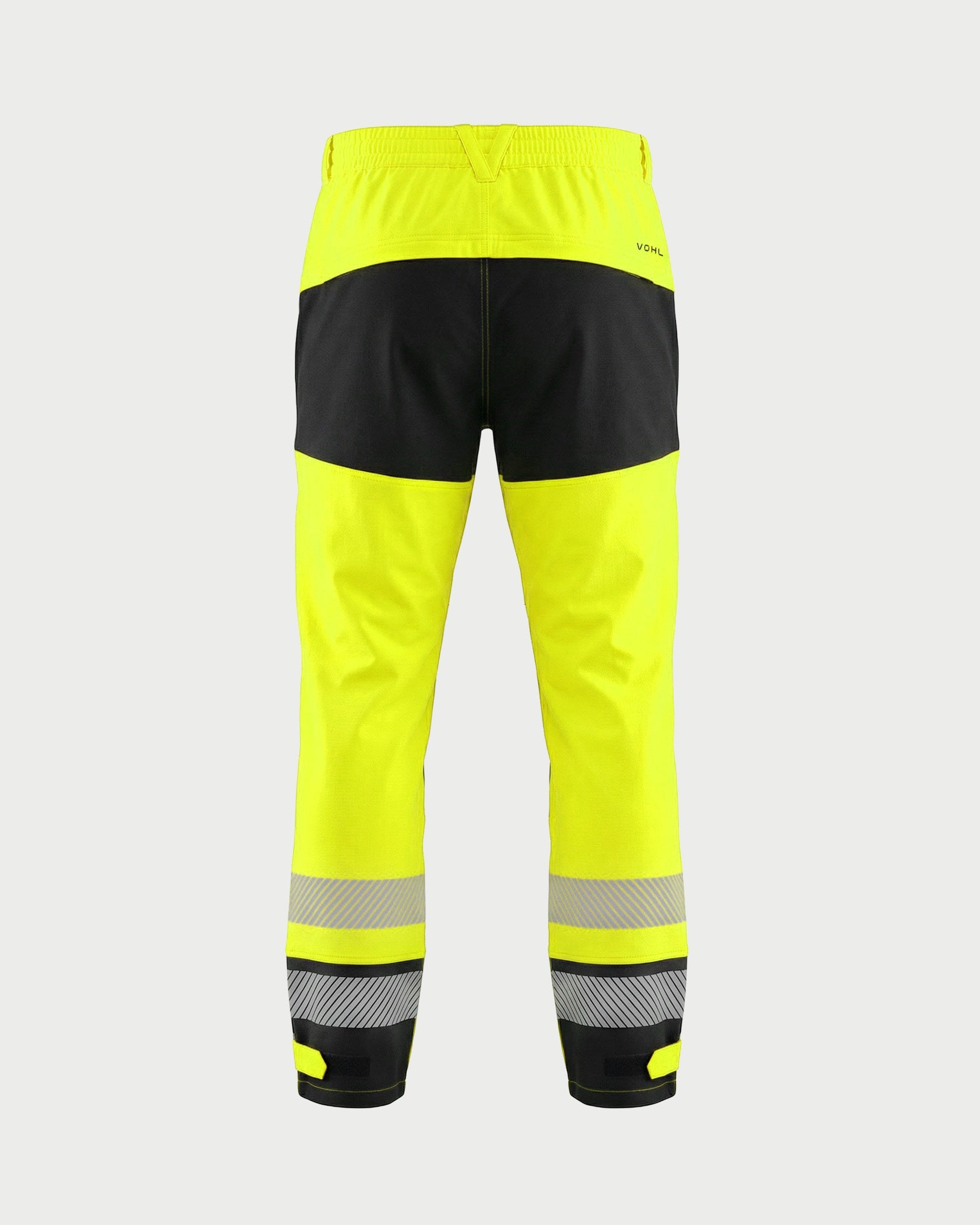 Vohl Hi Vis Waterproof Shell Pant - Safety Yellow - SKU HV-SP-105, back view with reflective calf bands and Black seat panel | color: Safety Yellow