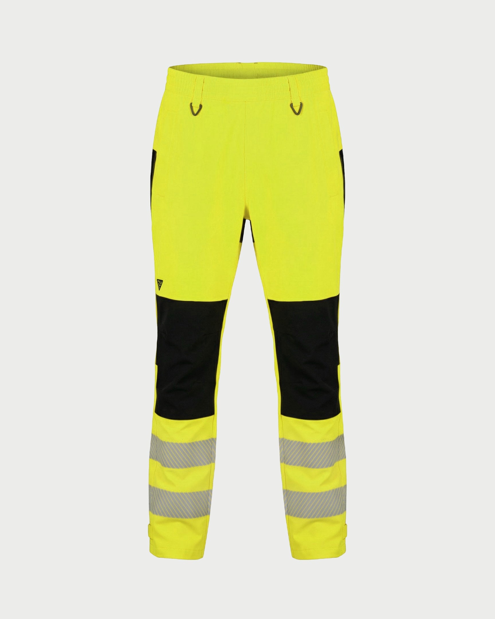Vohl Hi Vis Waterproof Shell Pant - Safety Yellow - SKU HV-SP-105, front view with elastic waistband, reflective leg bands and Black knee panels | color: Safety Yellow