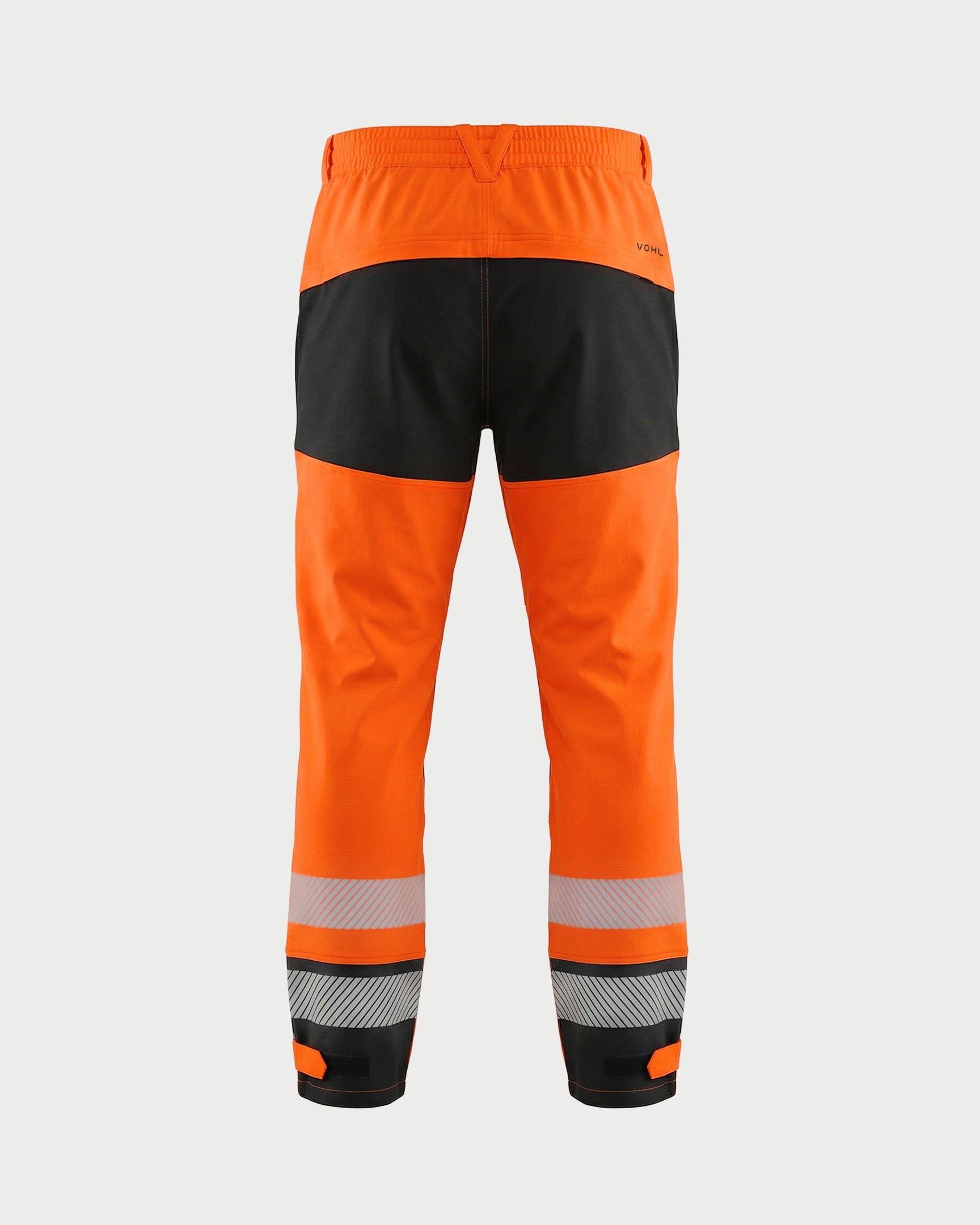 Vohl Hi Vis Waterproof Shell Pant - Safety Orange - SKU HV-SP-205, back view with reflective calf bands and Black seat panel | color: Safety Orange