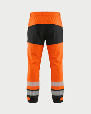 Vohl Hi Vis Waterproof Shell Pant - Safety Orange - SKU HV-SP-205, back view with reflective calf bands and Black seat panel | color: Safety Orange