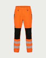 Vohl Hi Vis Waterproof Shell Pant - Safety Orange - SKU HV-SP-205, front view with elastic waistband, reflective leg bands and Black knee panels | color: Safety Orange