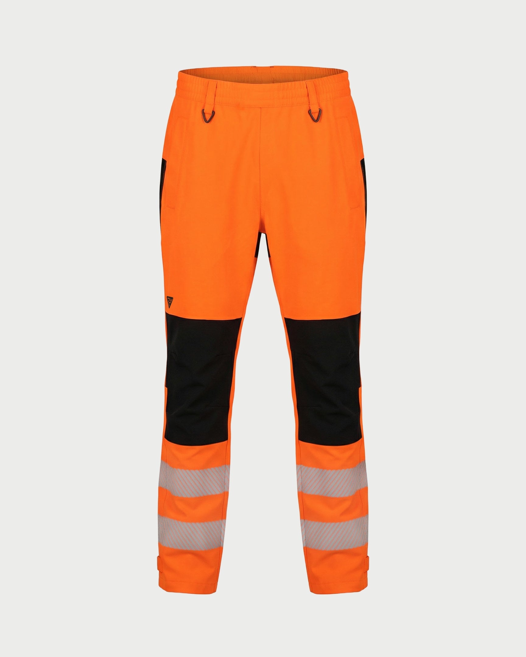 Vohl Hi Vis Waterproof Shell Pant - Safety Orange - SKU HV-SP-205, front view with elastic waistband, reflective leg bands and Black knee panels | color: Safety Orange