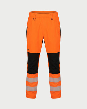 Vohl Hi Vis Waterproof Shell Pant - Safety Orange - SKU HV-SP-205, front view with elastic waistband, reflective leg bands and Black knee panels | color: Safety Orange