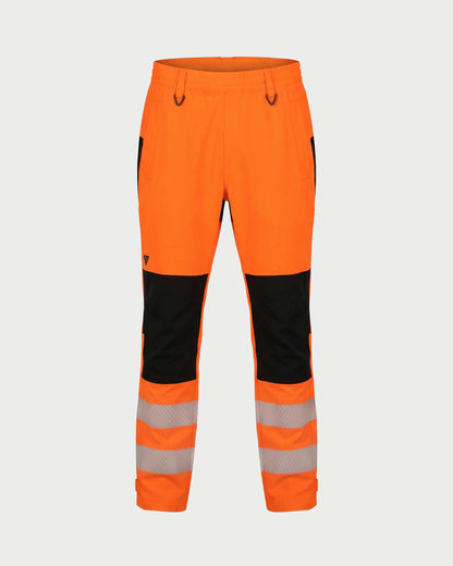Vohl Hi Vis Waterproof Shell Pant - Safety Orange - SKU HV-SP-205, front view with elastic waistband, reflective leg bands and Black knee panels | color: Safety Orange