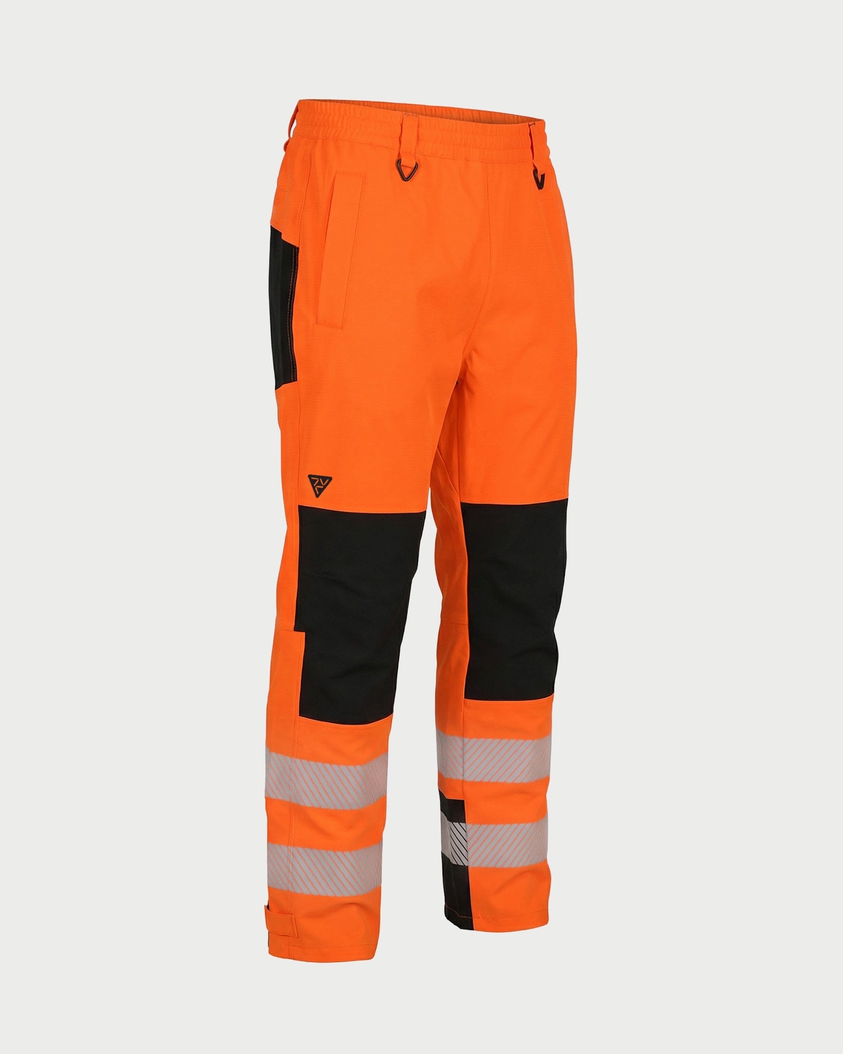 Vohl Hi Vis Waterproof Shell Pant - Safety Orange - SKU HV-SP-205, angled front view with reinforced knee panels and reflective striping | color: Safety Orange