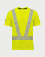 Vohl Hi Vis Short Sleeve Reflective T-Shirt – Safety Yellow – SKU HV-SS-105, front view with segmented reflective tape and crew neck | color:Safety Yellow