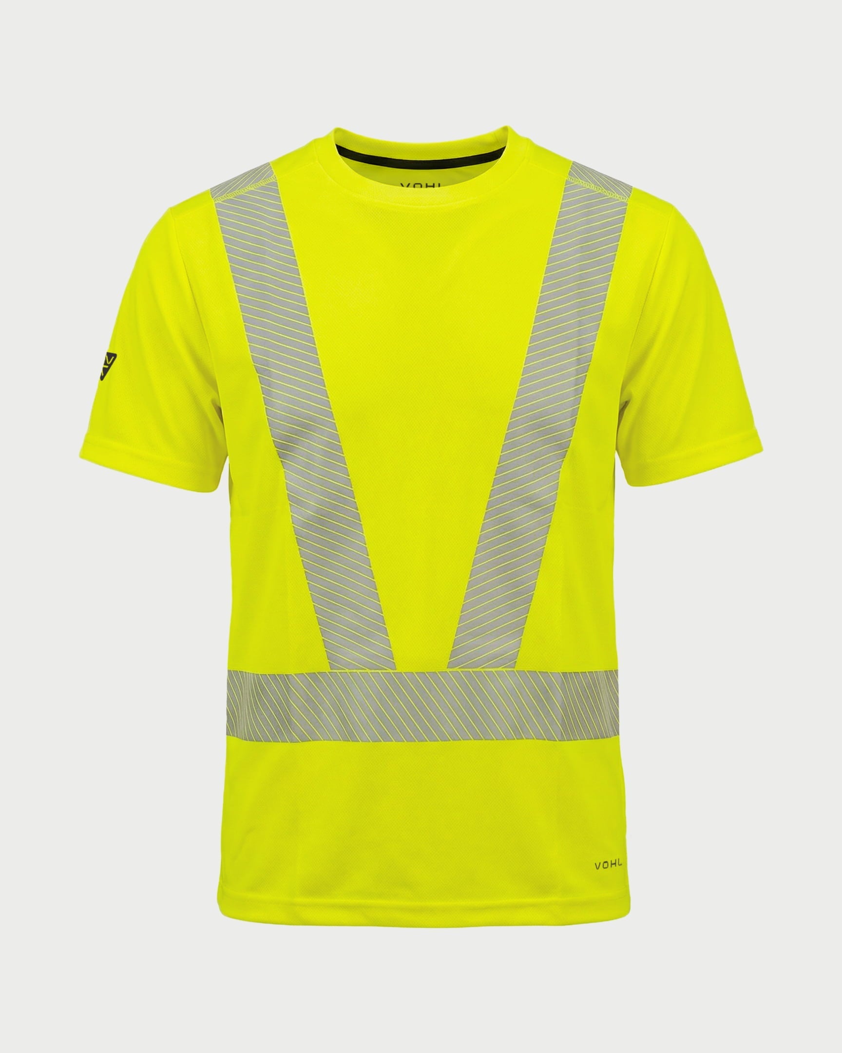 Vohl Hi Vis Short Sleeve Reflective T-Shirt – Safety Yellow – SKU HV-SS-105, front view with segmented reflective tape and crew neck | color:Safety Yellow