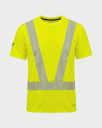 Vohl Hi Vis Short Sleeve Reflective T-Shirt – Safety Yellow – SKU HV-SS-105, front view with segmented reflective tape and crew neck | color:Safety Yellow