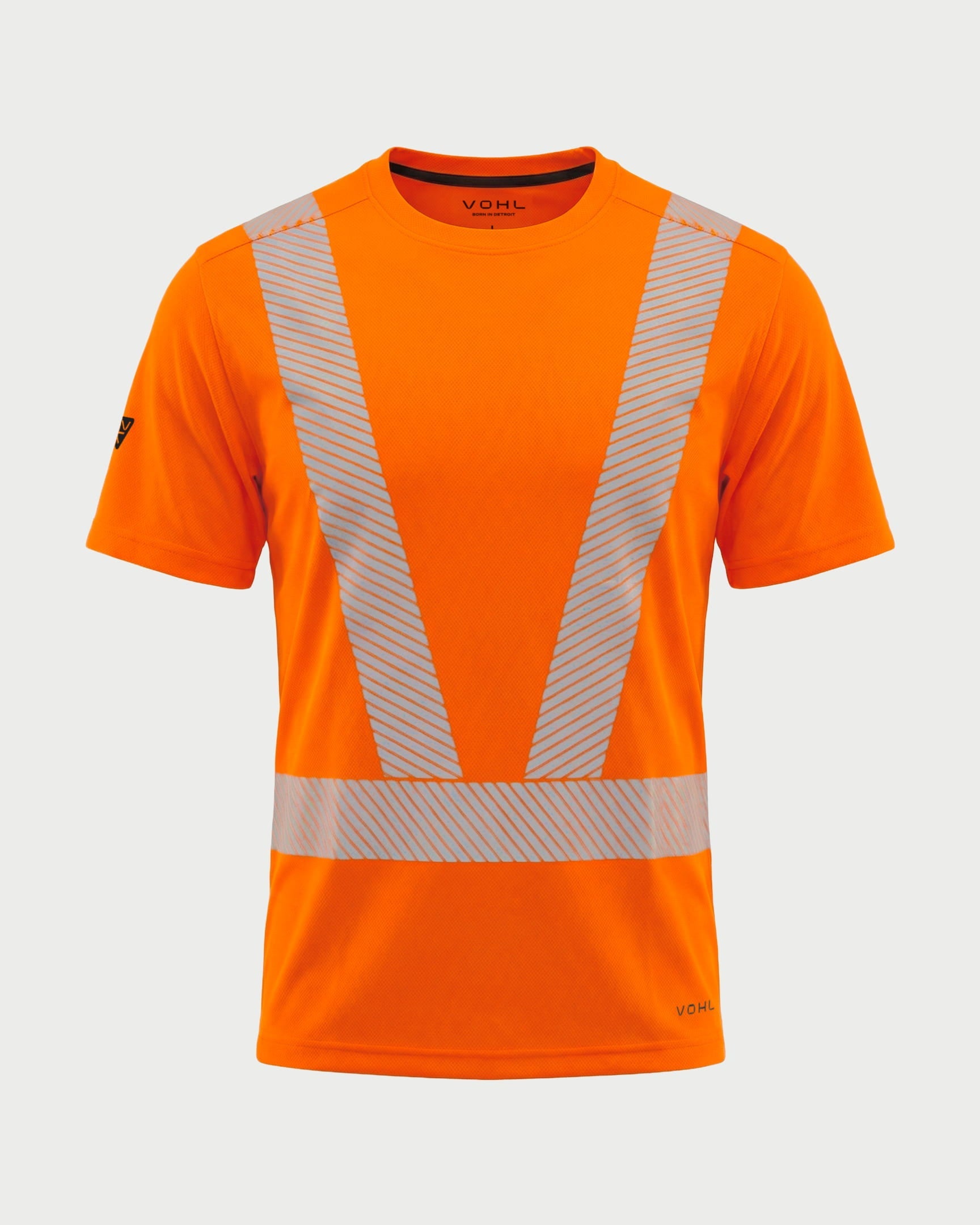Vohl Hi Vis Short Sleeve Reflective T-Shirt – Safety Yellow – SKU HV-SS-205, front view with segmented reflective tape and crew neck | color:Safety Orange