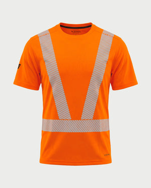 Vohl Hi Vis Short Sleeve Reflective T-Shirt – Safety Yellow – SKU HV-SS-205, front view with segmented reflective tape and crew neck | color:Safety Orange