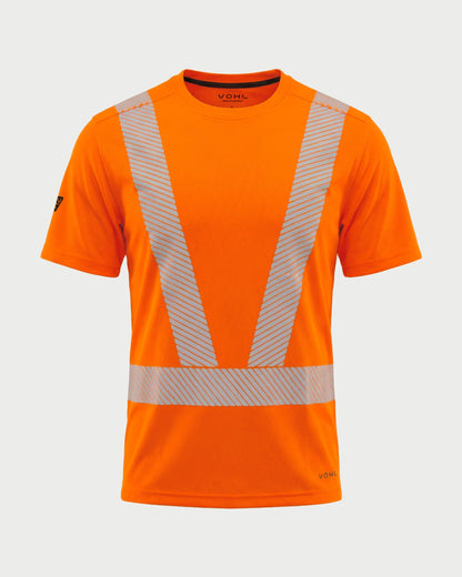 Vohl Hi Vis Short Sleeve Reflective T-Shirt – Safety Yellow – SKU HV-SS-205, front view with segmented reflective tape and crew neck | color:Safety Orange