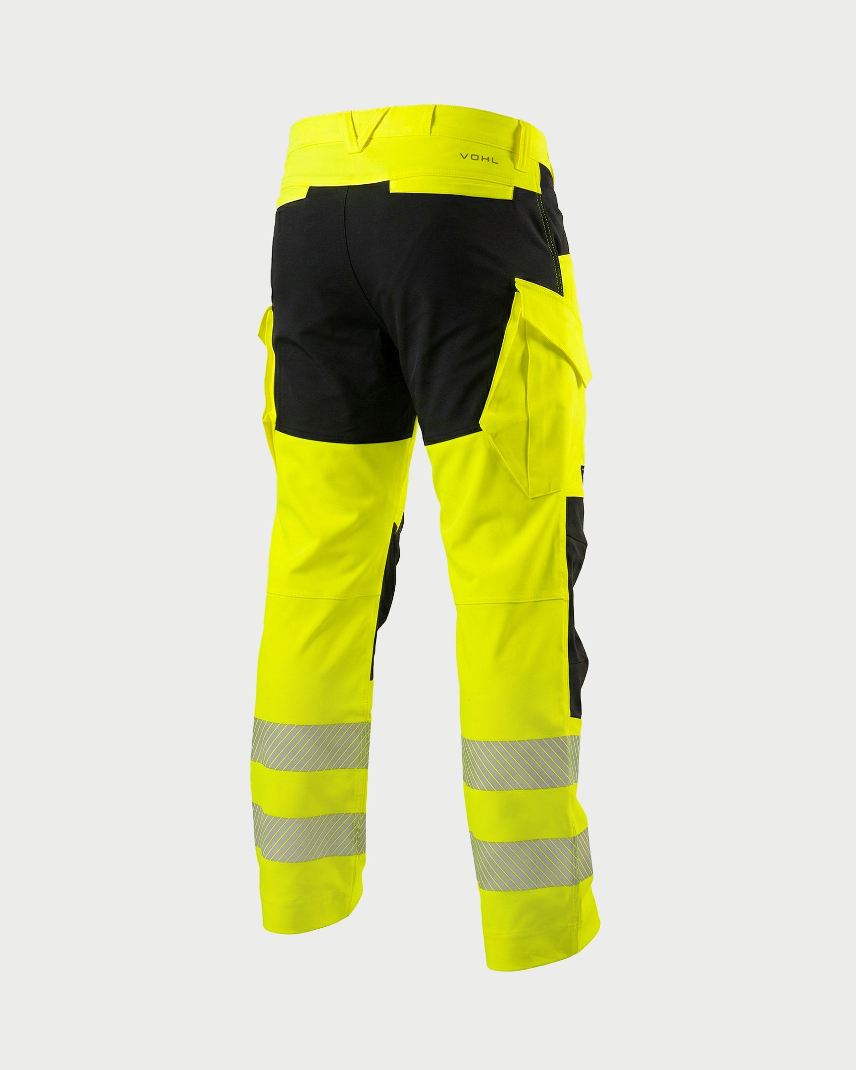 Vohl Hi Vis Utility Pant – Safety Yellow – SKU HV-UP-105, angled back view with Cordura reinforced seat panel and reflective detailing | color:Safety Yellow
