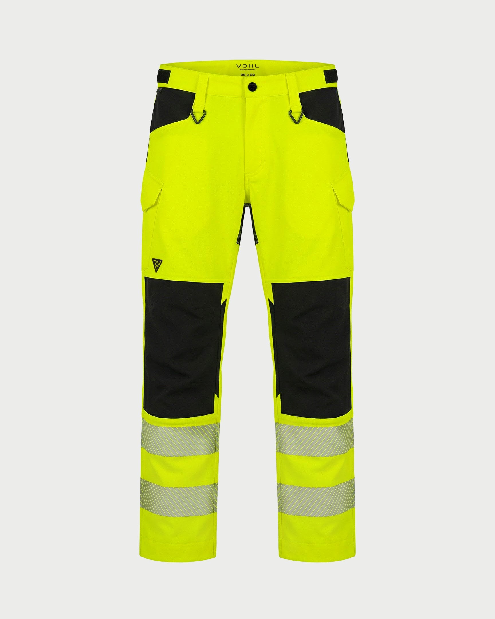 Vohl Hi Vis Utility Pant – Safety Yellow – SKU HV-UP-105, front view with Cordura reinforced knee panels and reflective leg bands | color:Safety Yellow