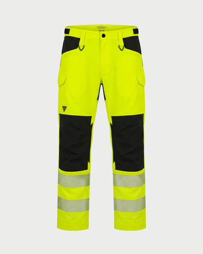 Vohl Hi Vis Utility Pant – Safety Yellow – SKU HV-UP-105, front view with Cordura reinforced knee panels and reflective leg bands | color:Safety Yellow